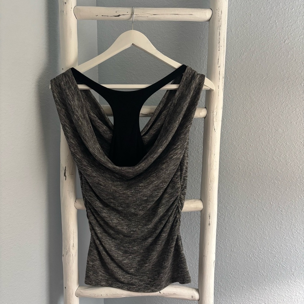 Guess Gray Heathered Ruched Drape Back Racerback Top Size S - Picture 6 of 8